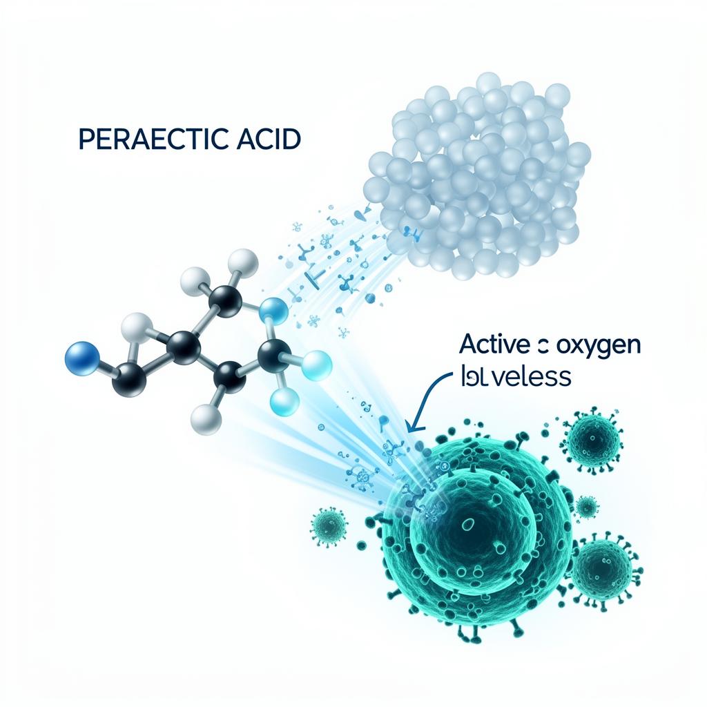 Peracetic acid molecule releasing active oxygen to destroy microorganisms
