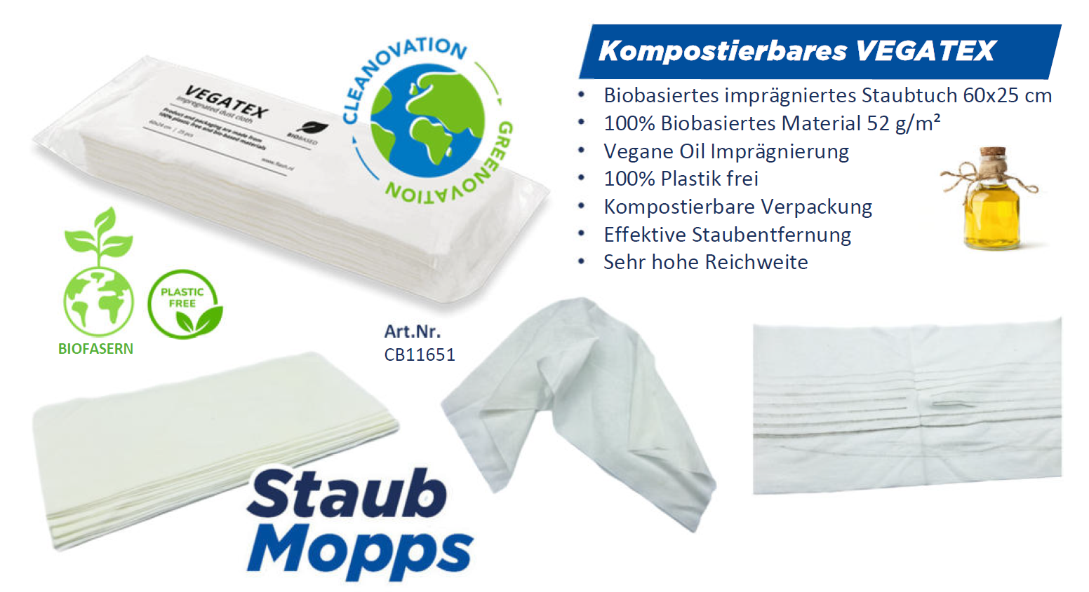 VEGATEX Staubtuch – biobasiert, plastikfrei, 60×25 cm, vegane Öl-Imprägnierung, kompostierbar